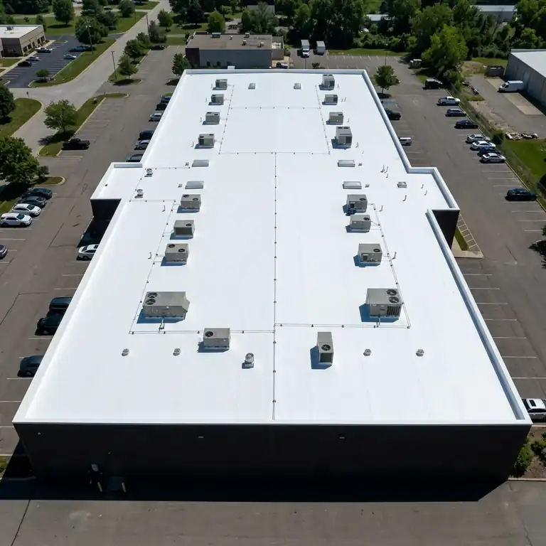 After — repaired white TPO membrane roof with heat-welded seams and cleared drains
