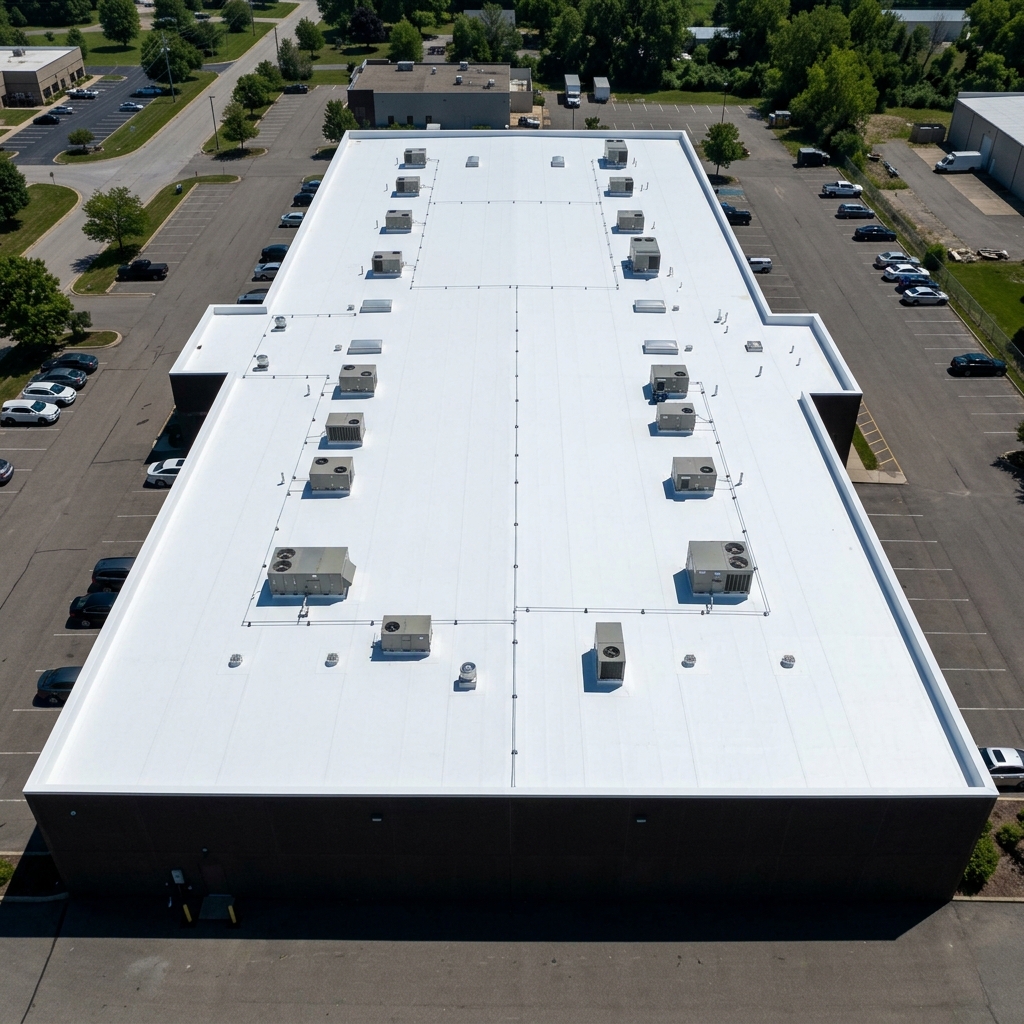 After — repaired white TPO membrane roof with heat-welded seams and cleared drains