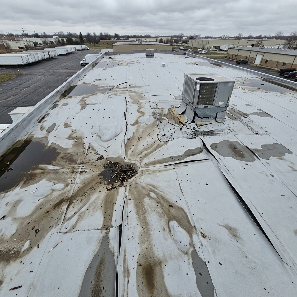 Before — commercial flat roof with standing water, membrane seam failures, and clogged drains