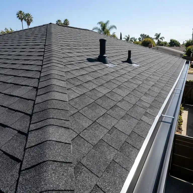 After — brand new dark grey architectural shingles installed with clean ridge and gutters