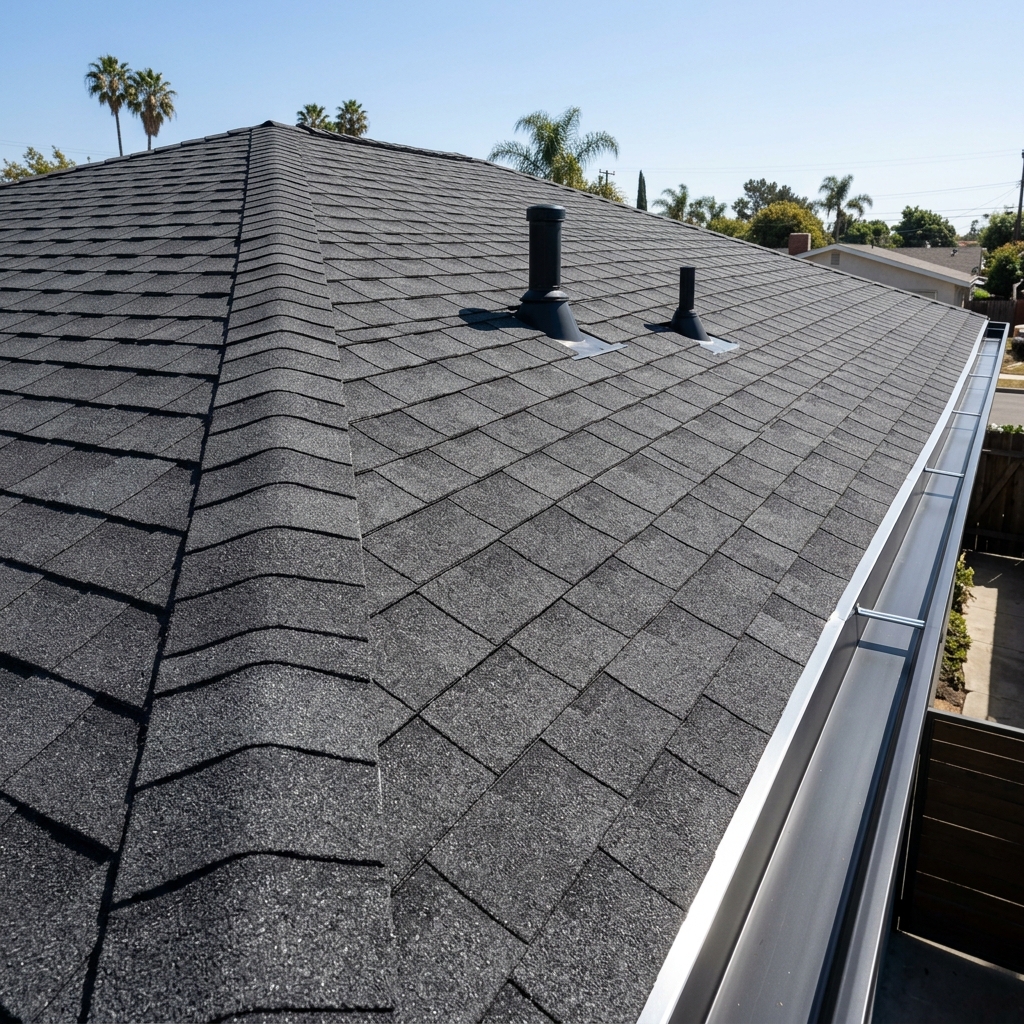 After — brand new dark grey architectural shingles installed with clean ridge and gutters