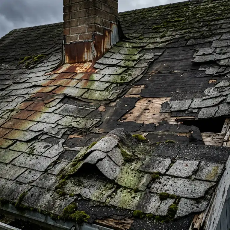 Before — damaged asphalt shingle roof with curling, missing shingles, moss, and rusted flashings