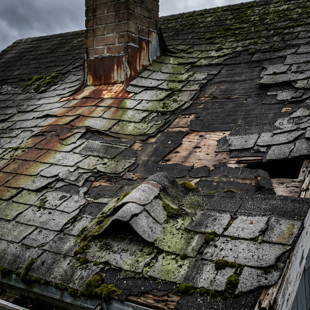 Before — damaged asphalt shingle roof with curling, missing shingles, moss, and rusted flashings