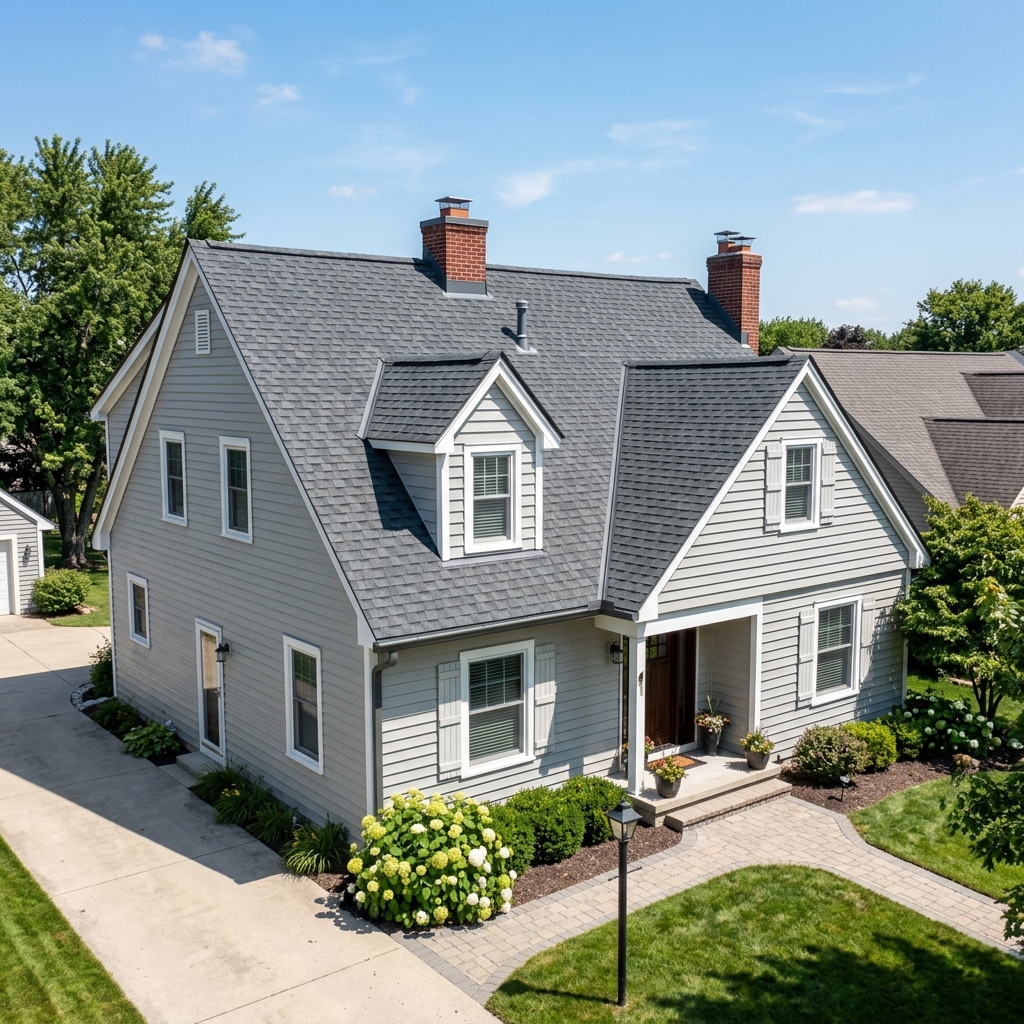 After — fully restored roof with new shingles, repaired gutters and all debris removed