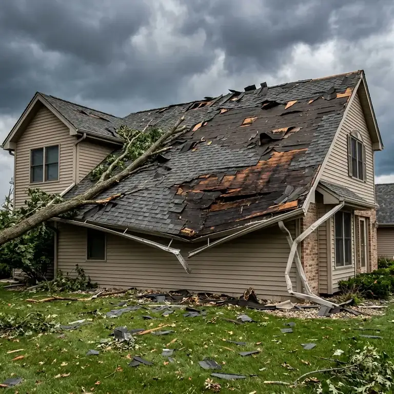 Before — storm damaged roof with blown-off shingles, fallen branch, bent gutters and exposed decking