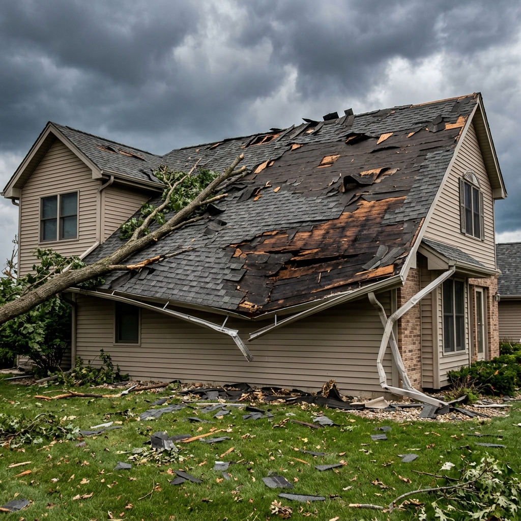 Before — storm damaged roof with blown-off shingles, fallen branch, bent gutters and exposed decking